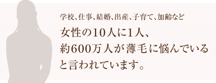 女性の10人に一人、約600万人が薄毛に悩んでいます